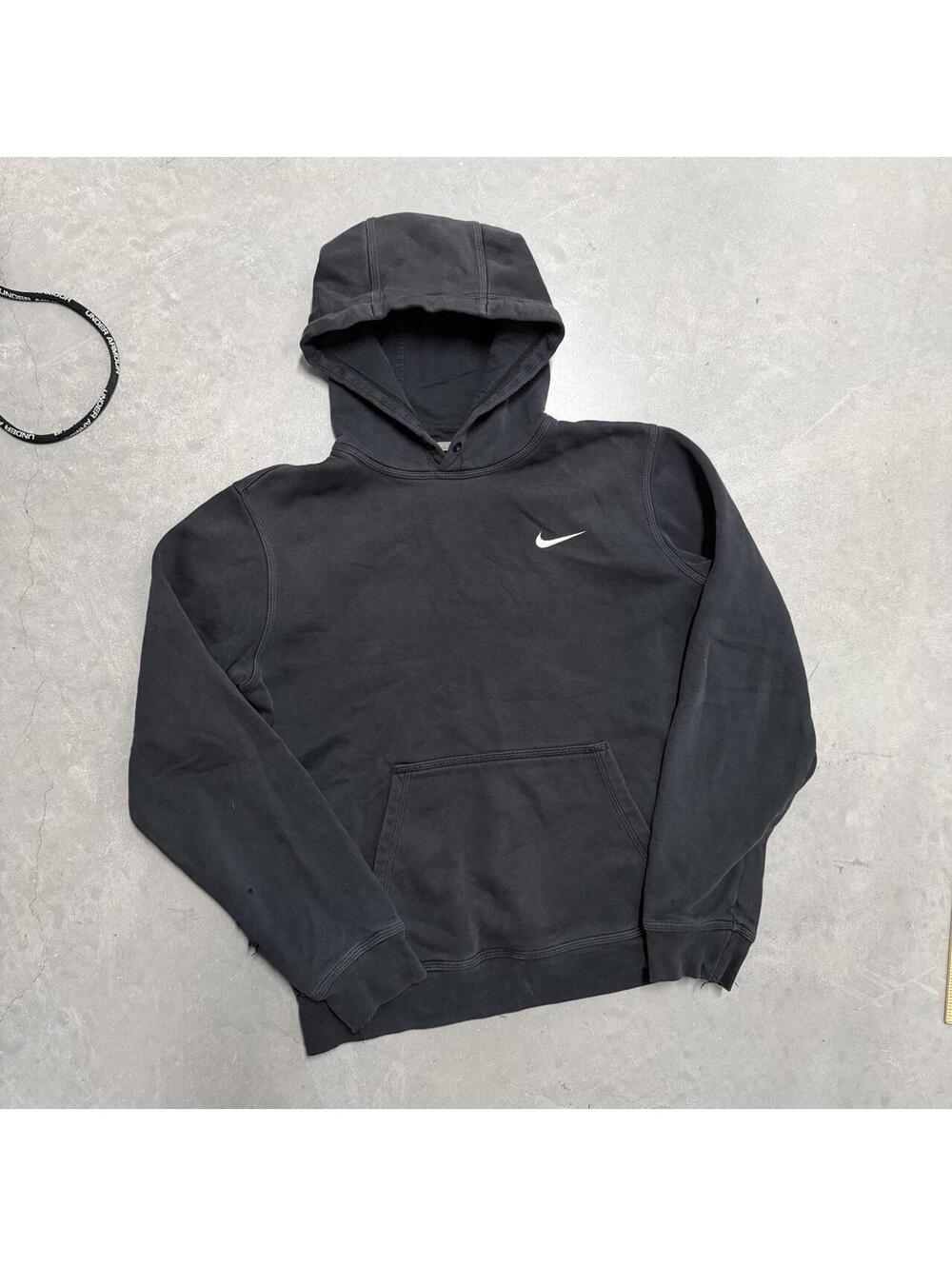 Vintage Distressed Nike Logo Plain Black Hoodie Sized Large